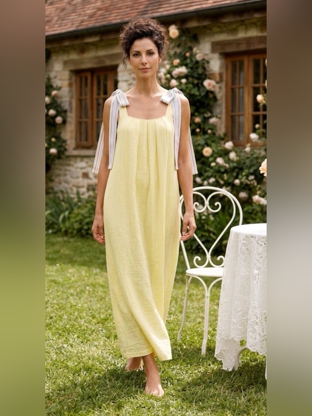 Pitusa Dress Gauzey Ribbon Tie Shoulders Midi Sundress Yellow Pastel Rainbow PS - Picture 1 of 10
